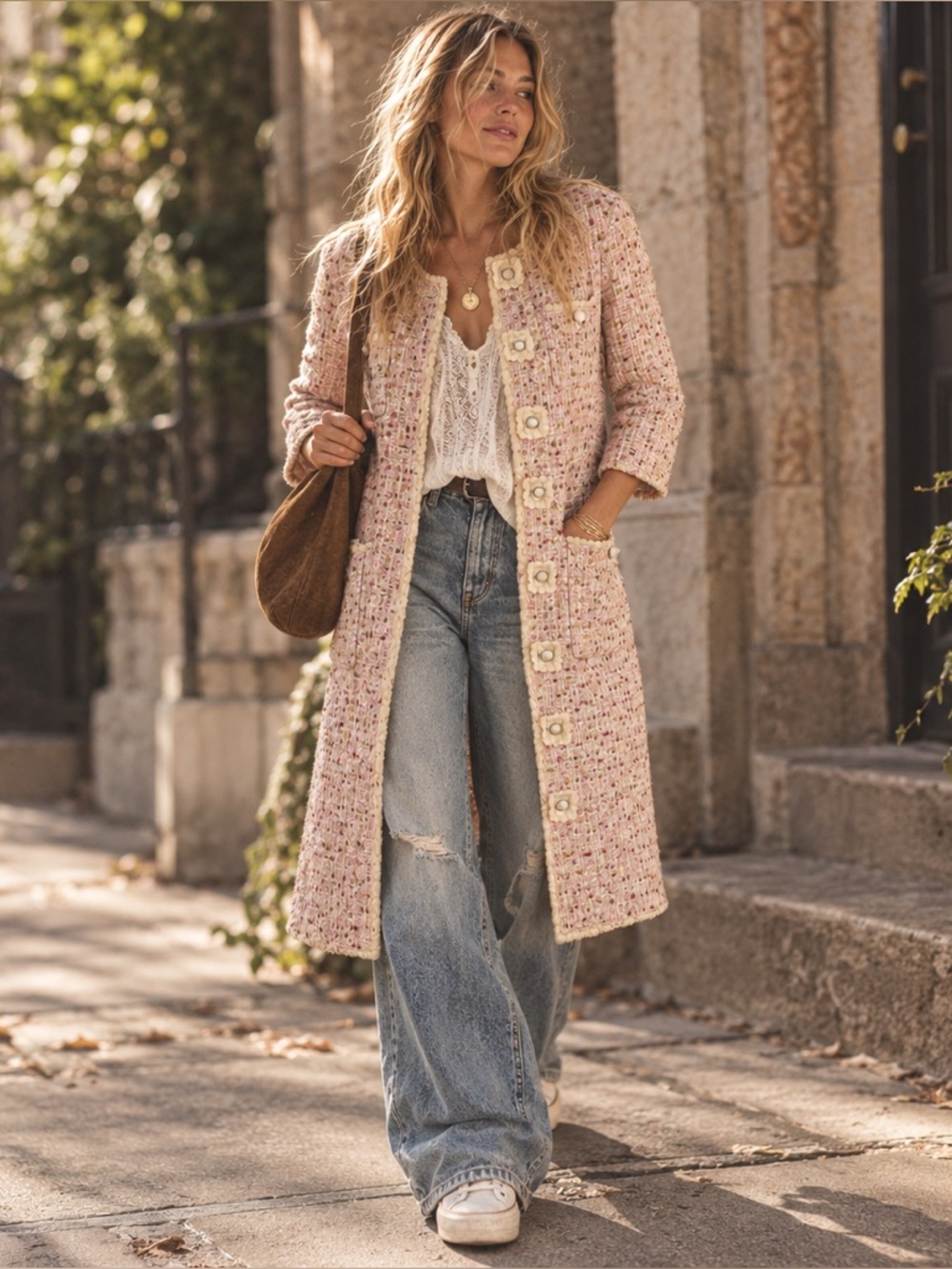 bill blass Pale Pink Tweed Long Pea Coat
